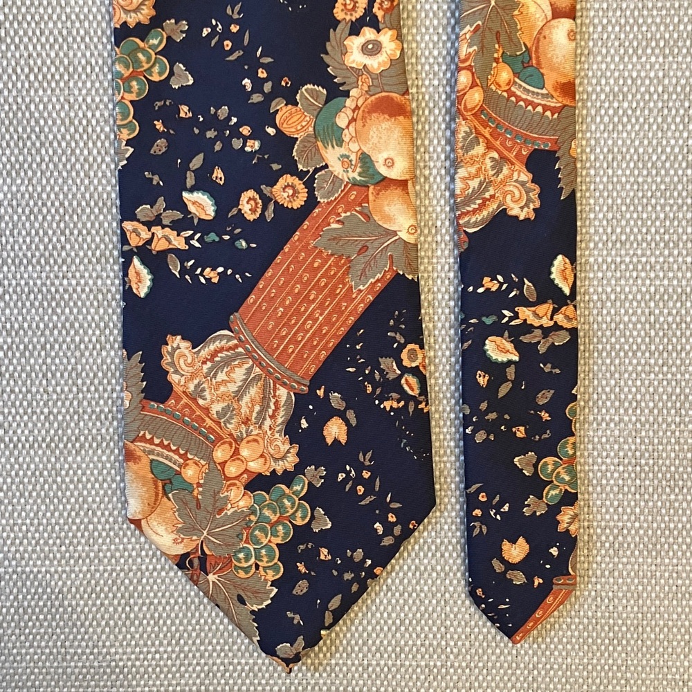 Vintage silk tie, unique & bold fruit and flower theme, navy blue, orange, teal